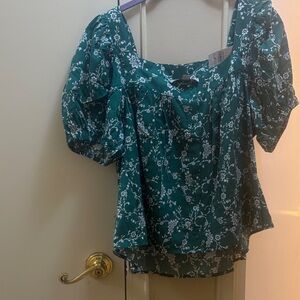 LOFT Emerald Green Floral Puff-Sleeve Blouse